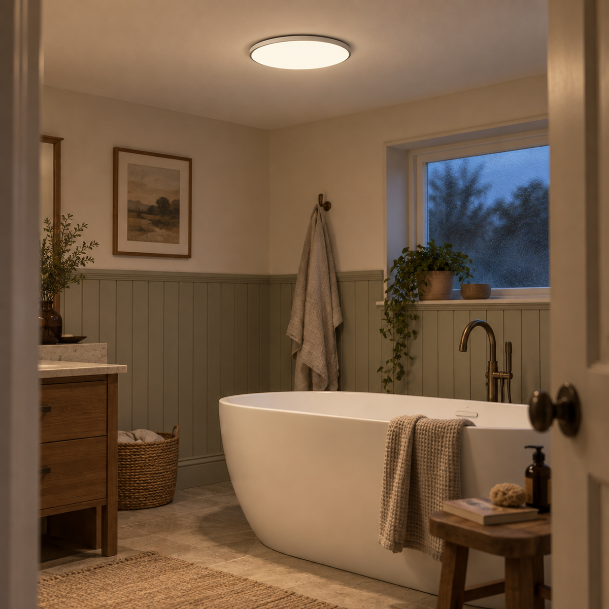 Estorãos flat round flush mount ceiling light in white, in a bathroom.
