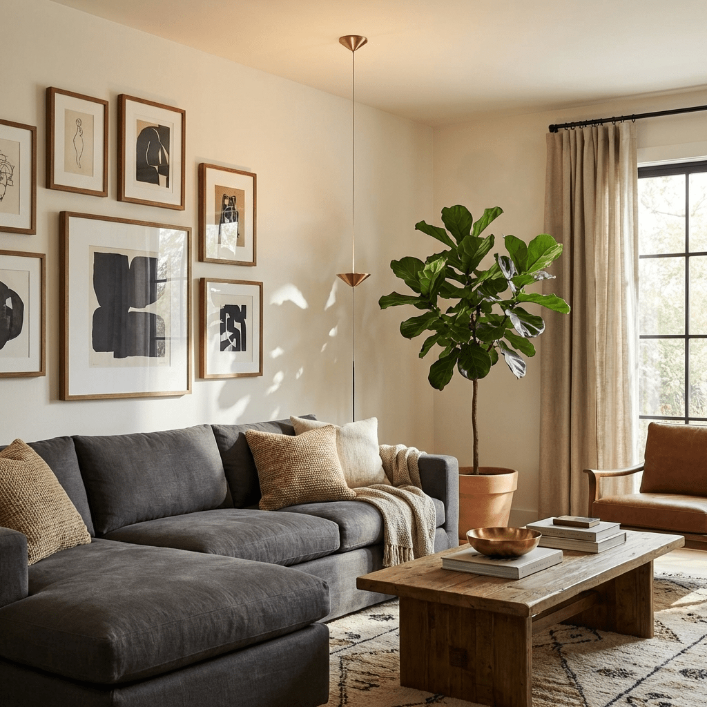 Single-disc gold tension lamp beside a sectional with a gallery wall and fig tree.