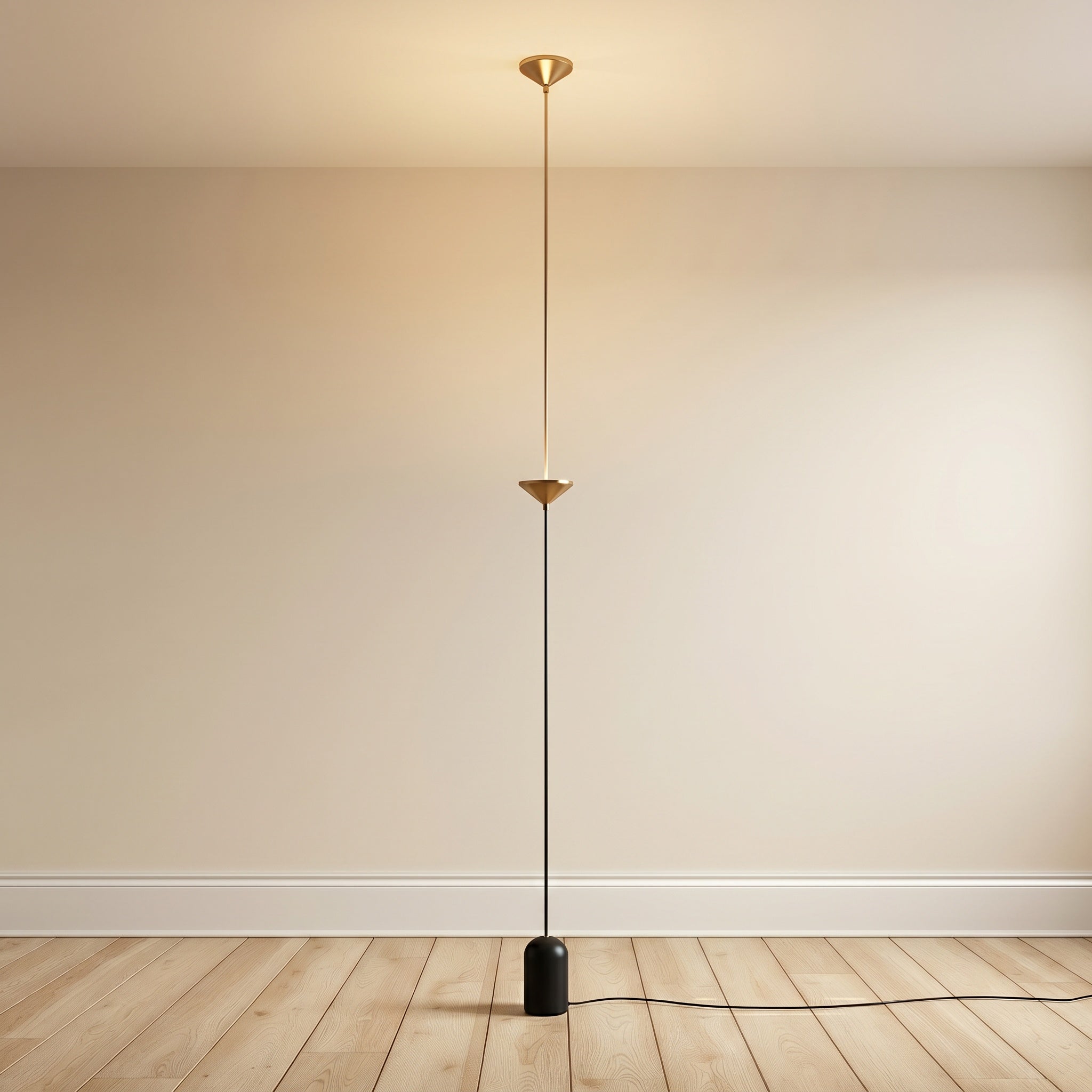 Tension-mount floor-to-ceiling gold lamp with one disc shade, product shot.