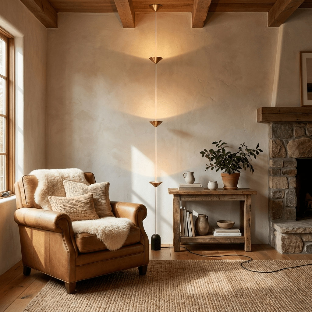 Two-disc gold tension lamp beside a leather armchair in a beamed farmhouse room.