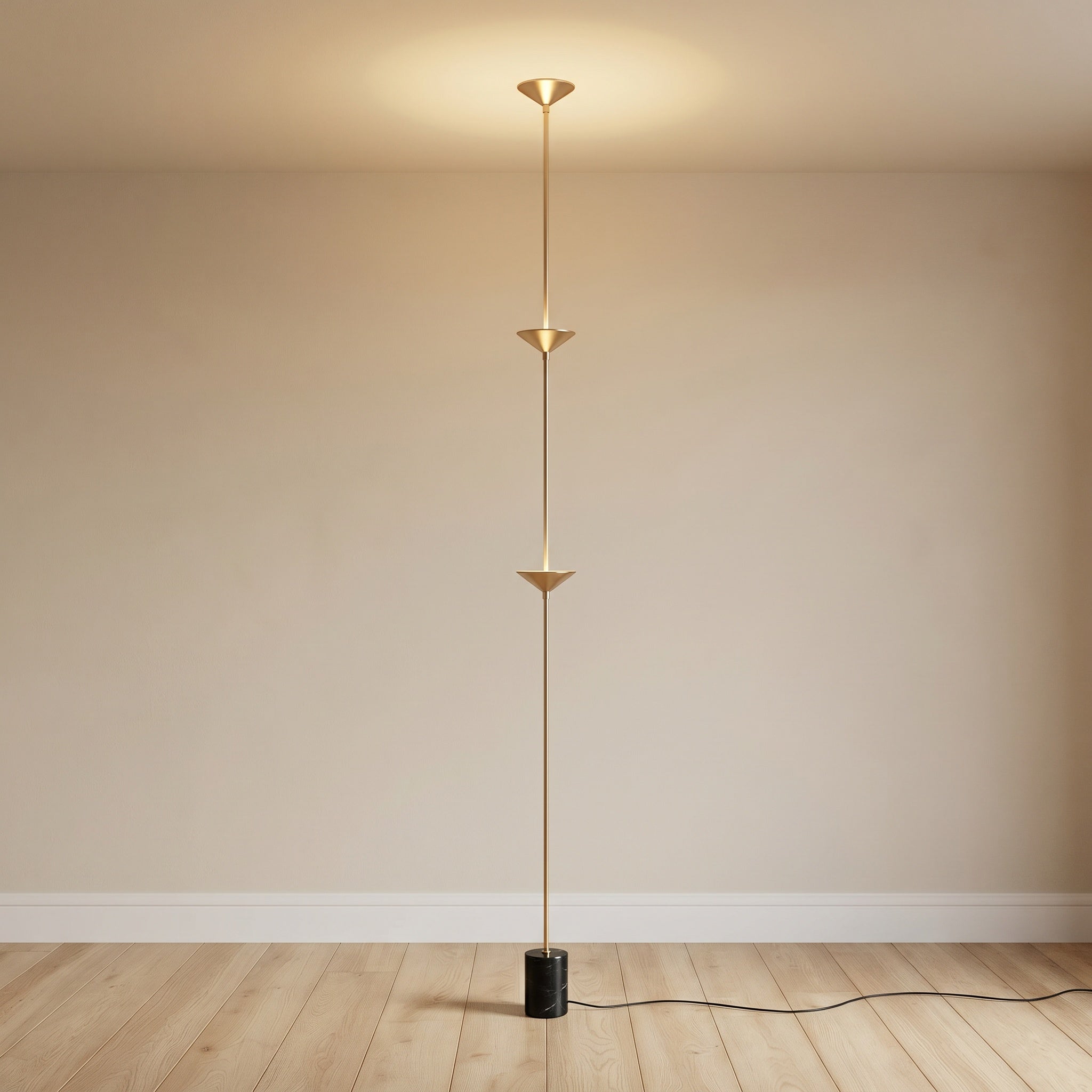 Tension-mount floor-to-ceiling gold lamp with two disc shades, product shot.