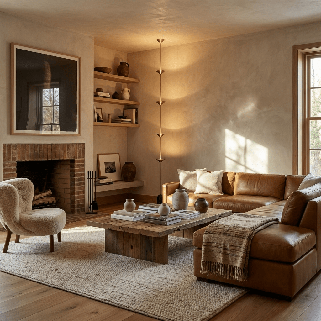 Three-disc gold tension lamp in a warm living room with a fireplace and sectional.