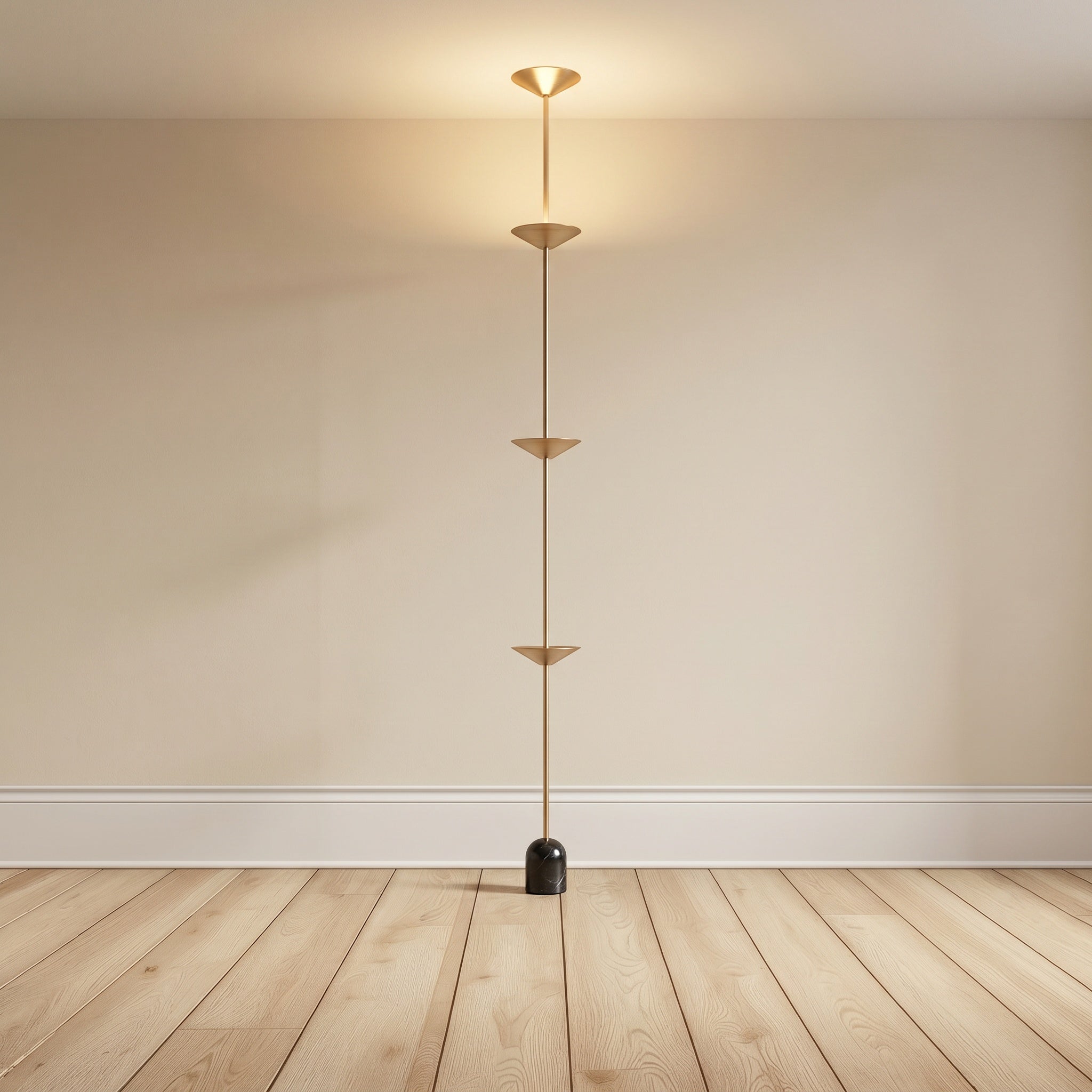 Tension-mount floor-to-ceiling gold lamp with three disc shades, product shot.