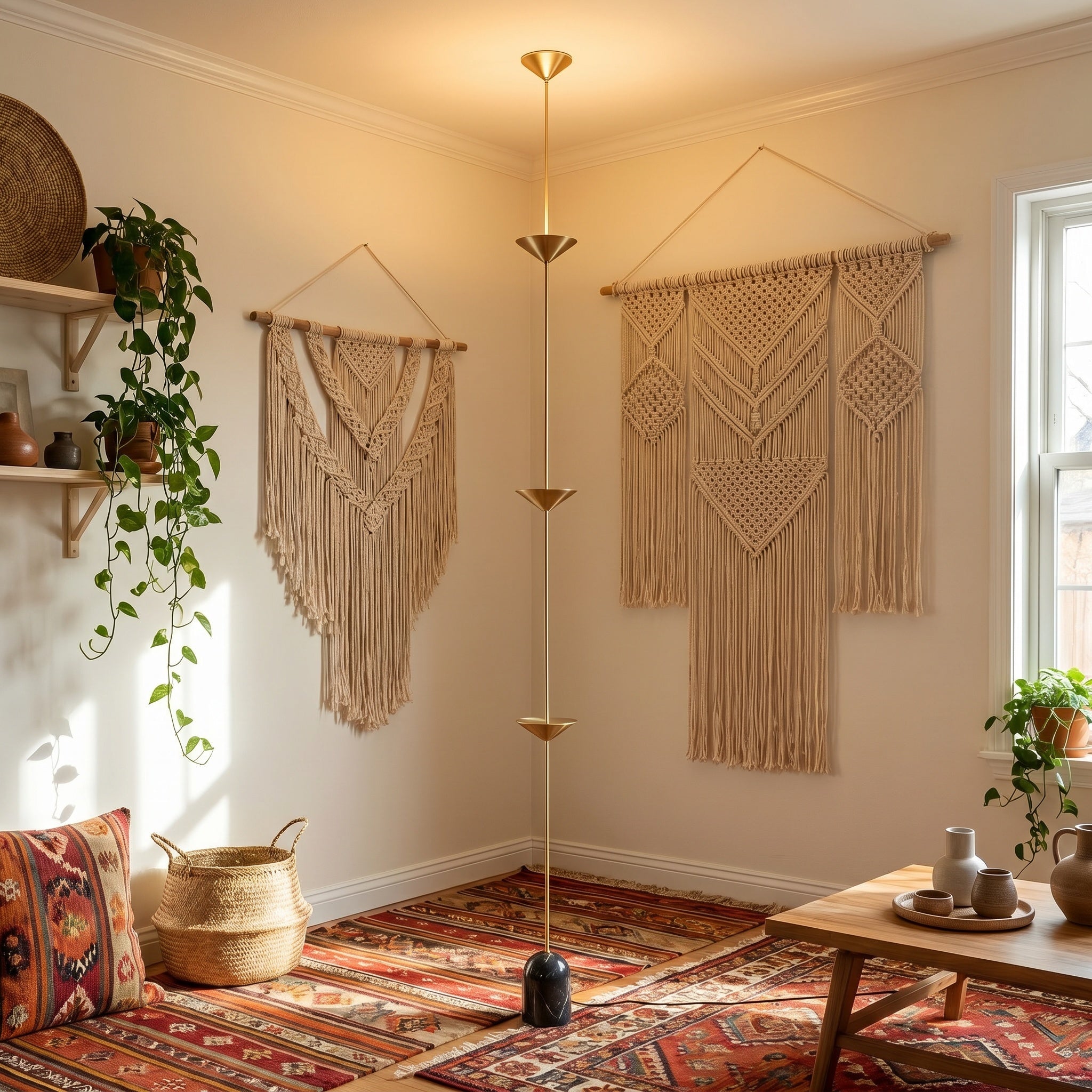 Four-disc gold tension lamp in a boho room with macrame wall hangings and rugs.