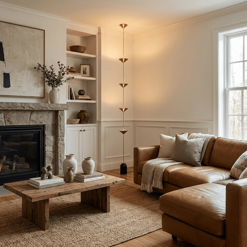 Four-disc gold tension lamp in a living room with stone fireplace and leather sectional.