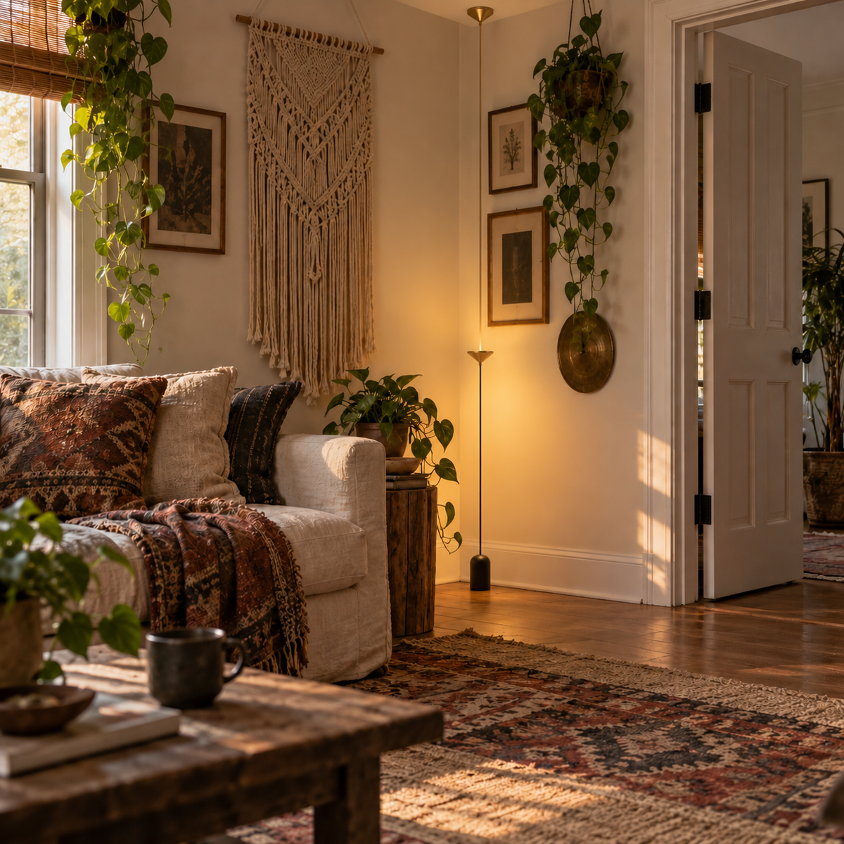 Évora adjustable multi-light floor lamp, in a living room.