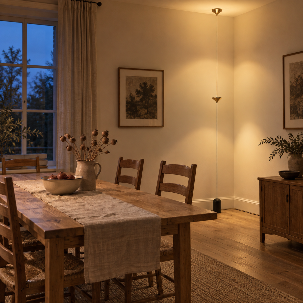 Évora adjustable multi-light floor lamp, in a dining room.