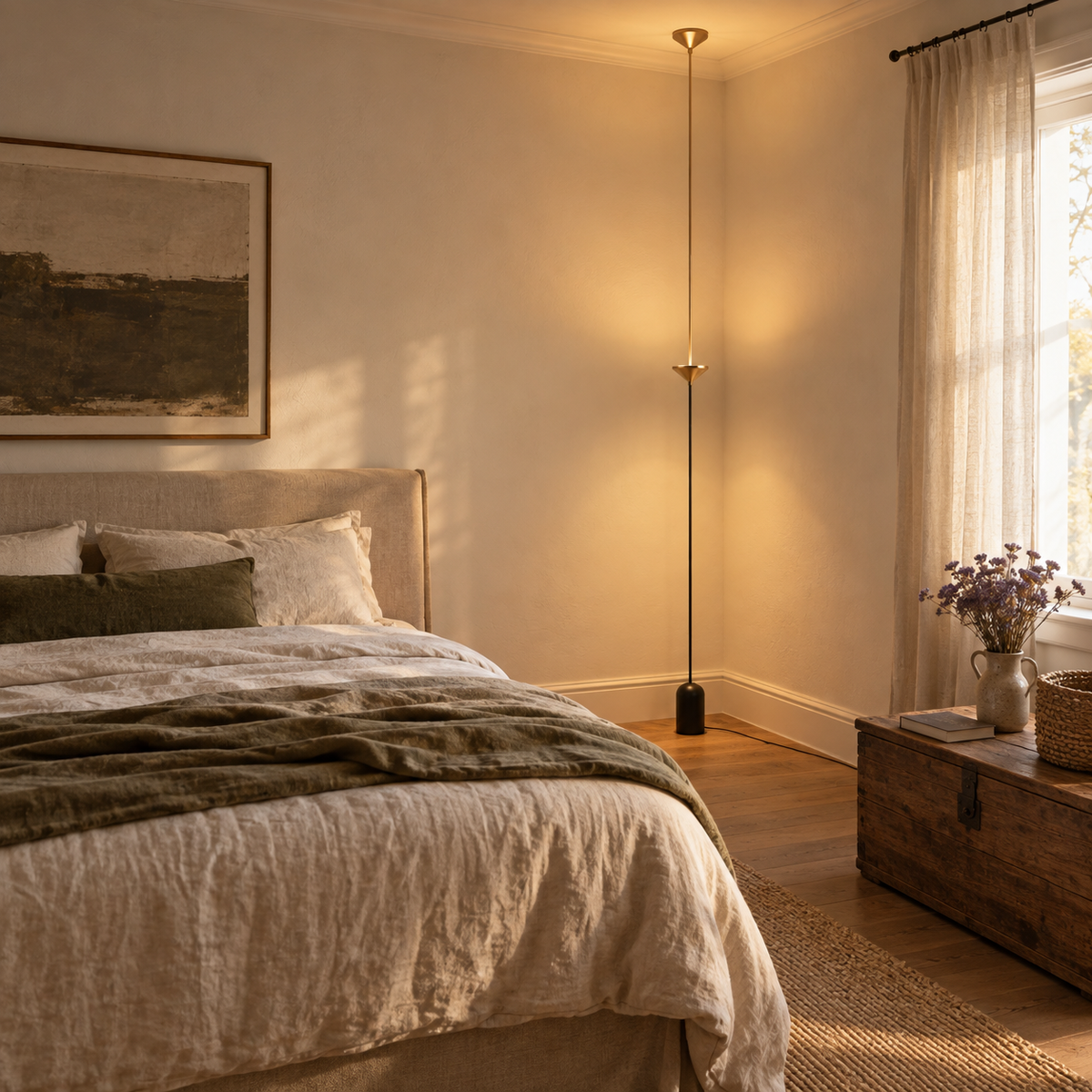 Évora adjustable multi-light floor lamp, in a bedroom, beside a bed.