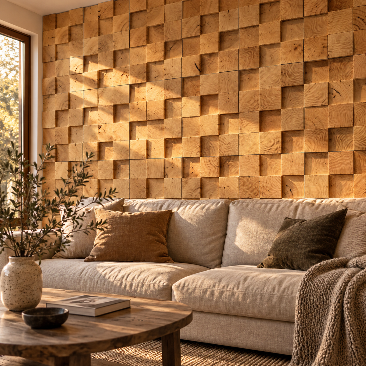 Farol block mosaic wood wall panel, in a living room, beside a sofa.