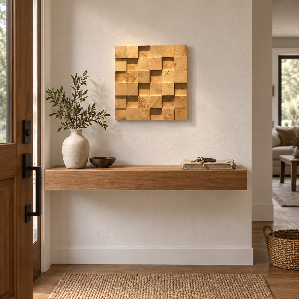 Farol block mosaic wood wall panel, in an entryway.