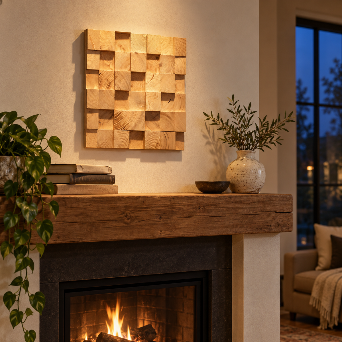 Farol block mosaic wood wall panel, in a living room.