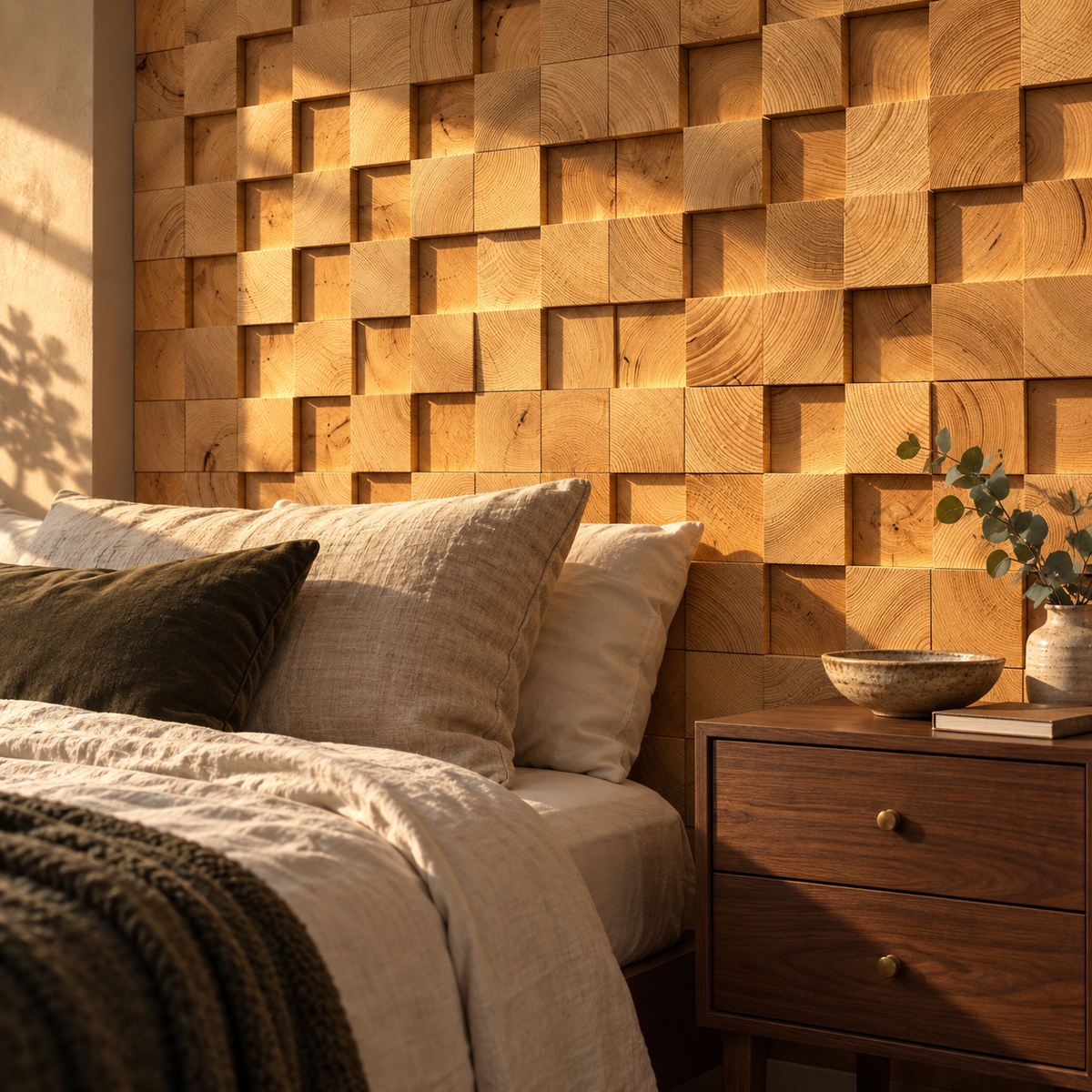 Farol block mosaic wood wall panel, in a bedroom.