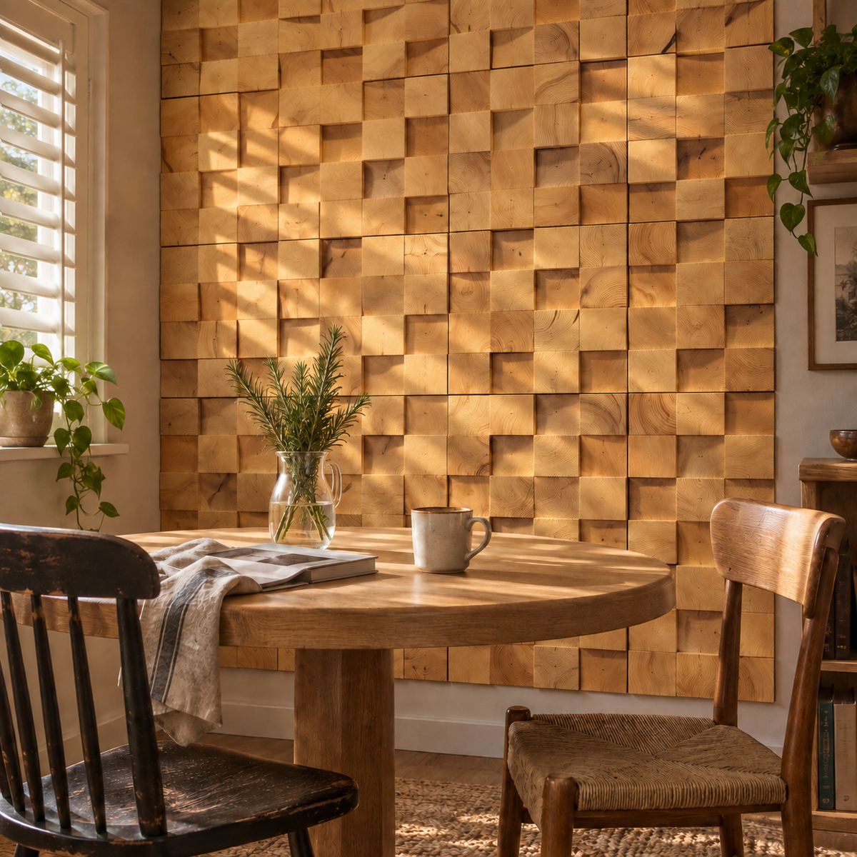 Farol block mosaic wood wall panel, in a breakfast nook.