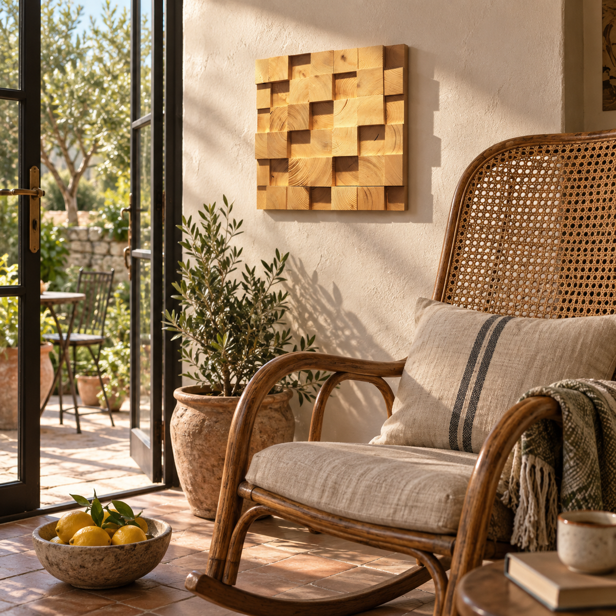 Farol block mosaic wood wall panel, in a garden.