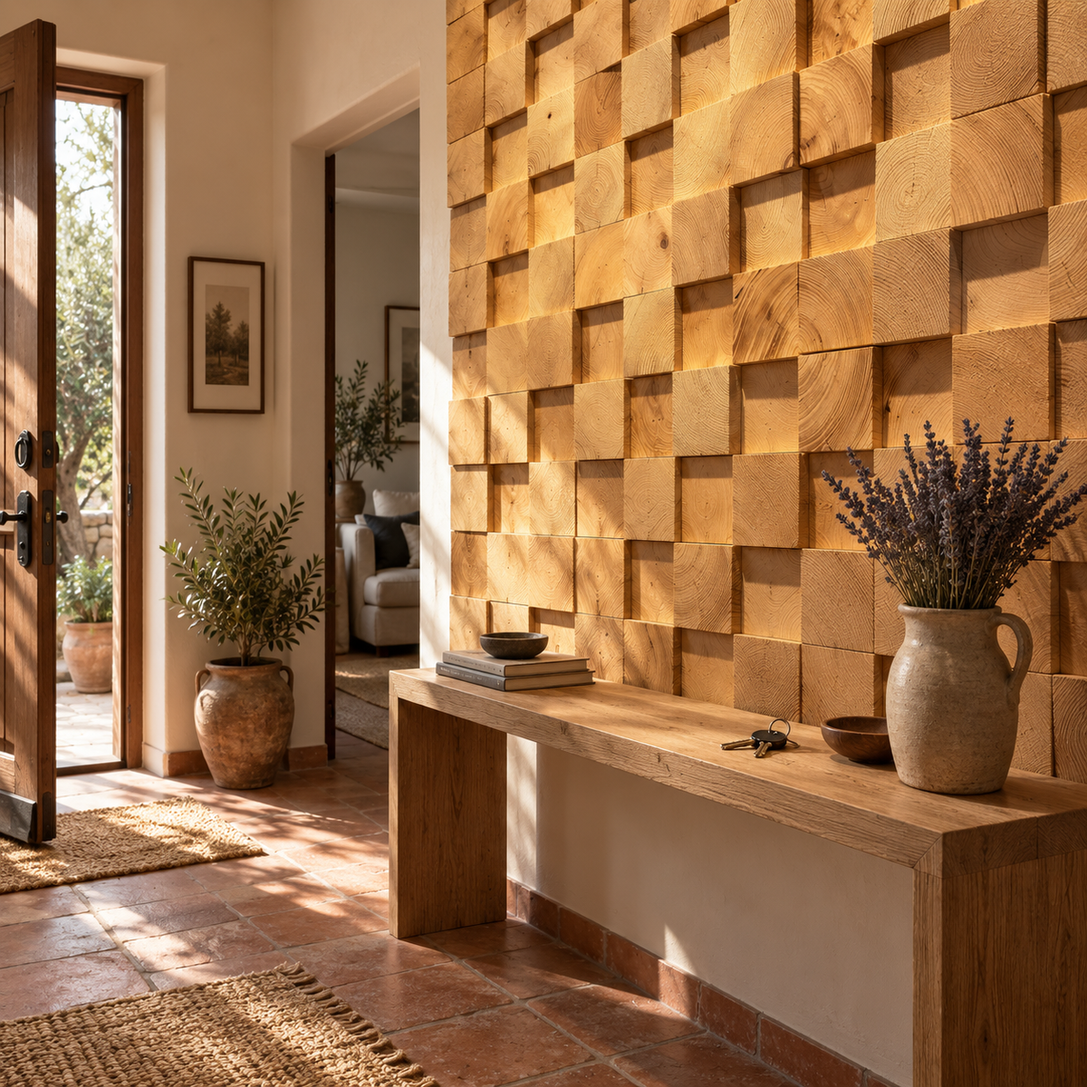 Farol block mosaic wood wall panel, in an entrance hall.