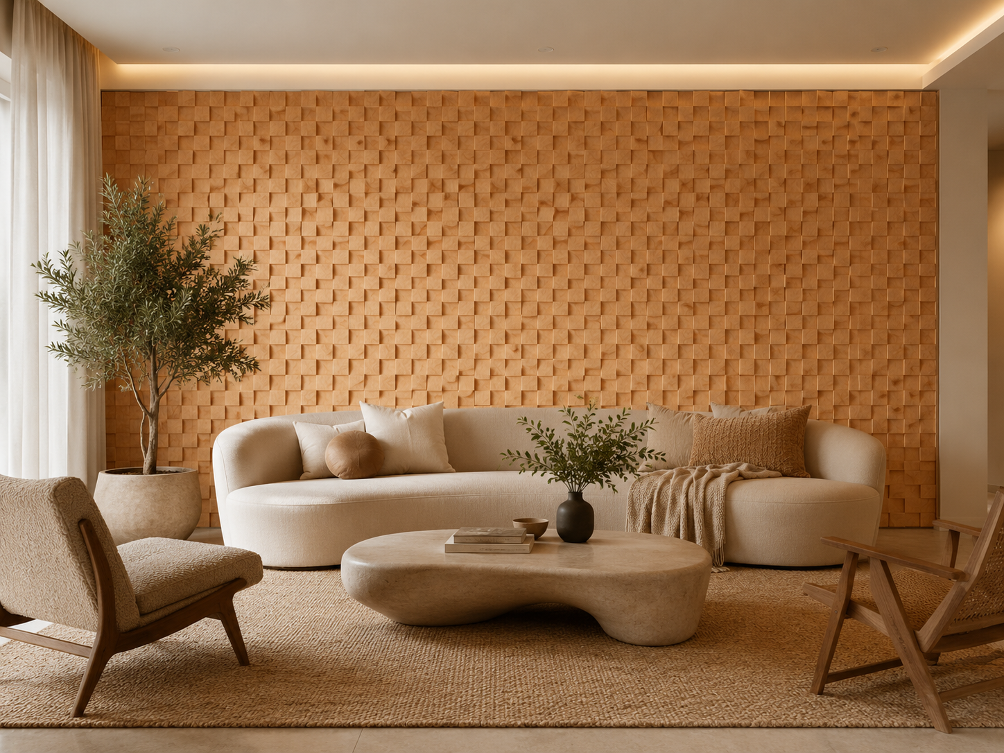 Farol pine wood panel in a styled interior, golden wood mosaic on the wall.