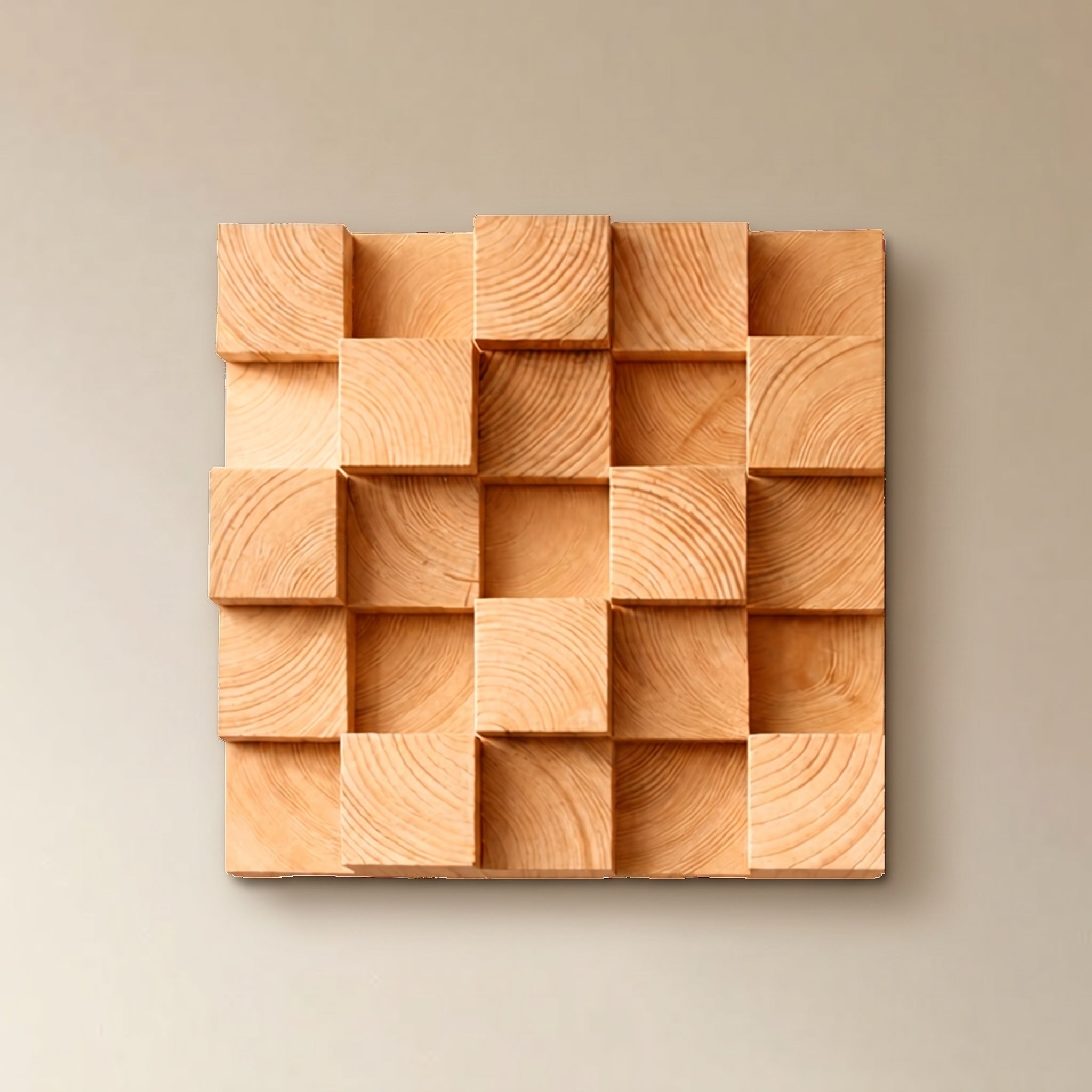 Farol pine wood wall panel, block mosaic with varying-depth squares.