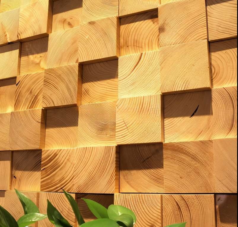 Farol pine wood wall panel, natural finish on solid wood blocks.