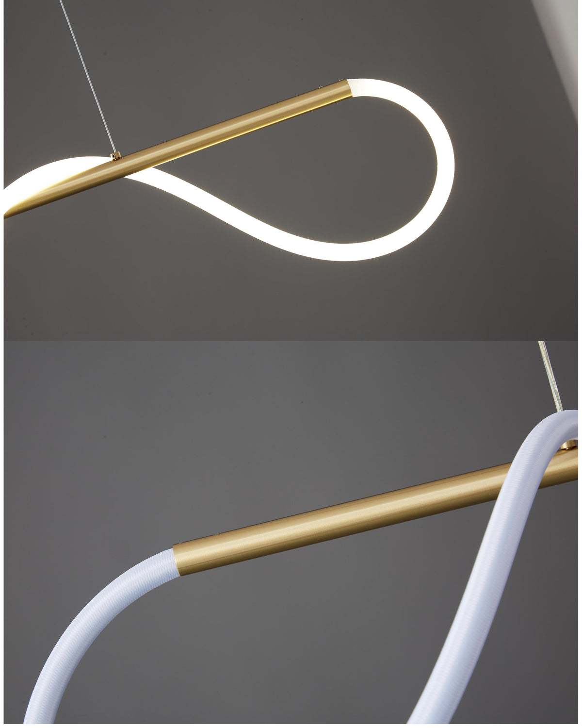 Fátima linear hose pendant light, close detail of the finish and fittings, where the bar meets the lit hose.