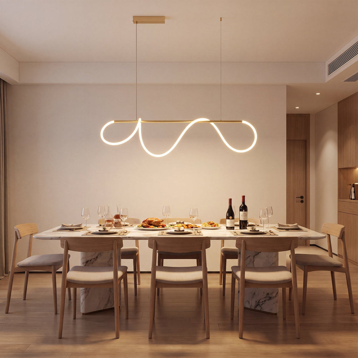 Fátima linear hose pendant light, in a dining room.