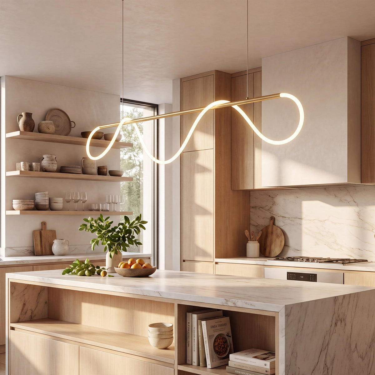 Fátima linear hose pendant light, in a kitchen.