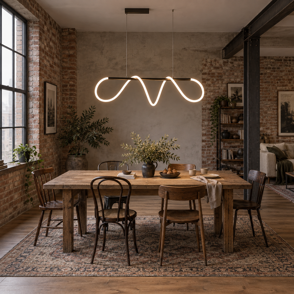 Fátima linear hose pendant light in matte black, in a loft.