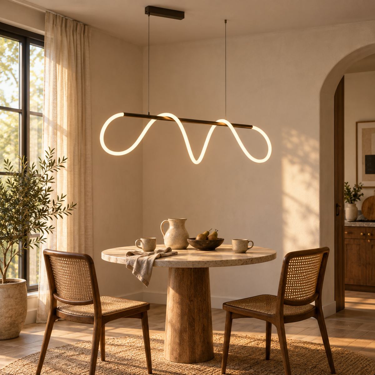 Fátima linear hose pendant light in matte black, beside a breakfast nook table.