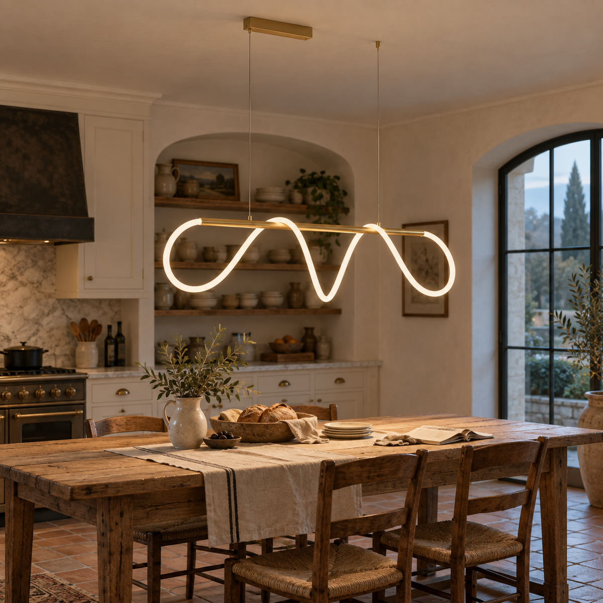 Fátima linear hose pendant light in polished brass, in a kitchen.