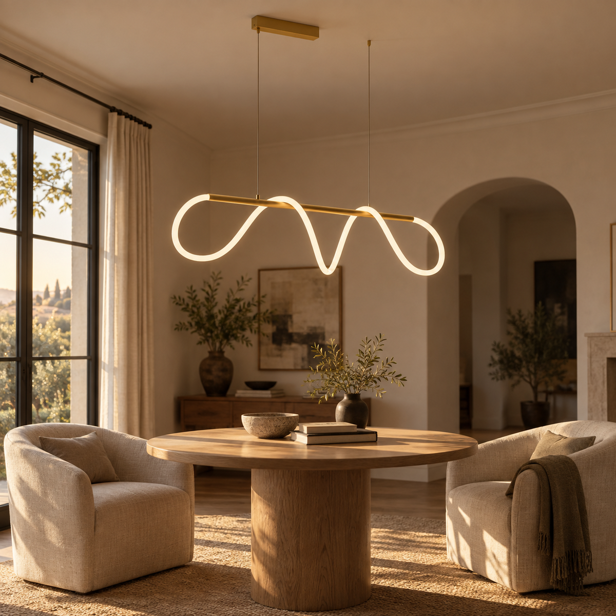 Fátima linear hose pendant light in polished brass, in a living room.