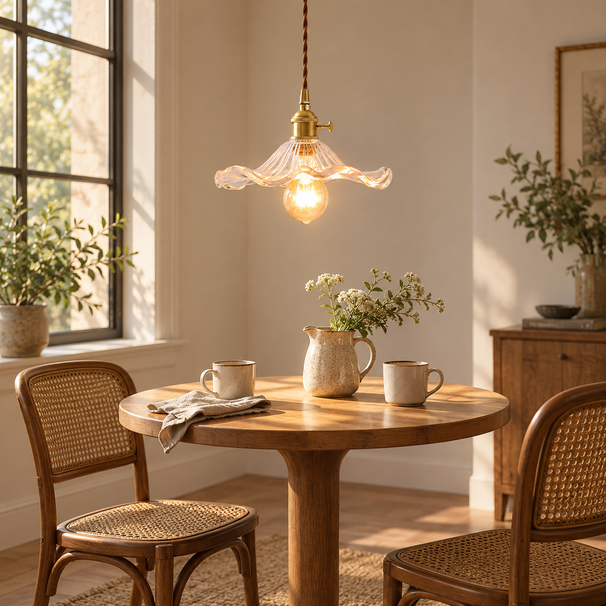 Ferragudo glass flower plug-in pendant light in brown, beside a breakfast nook table.