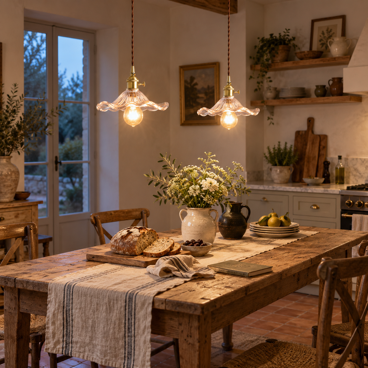 Ferragudo glass flower plug-in pendant light in clear, hung as a row of 2 in a kitchen.