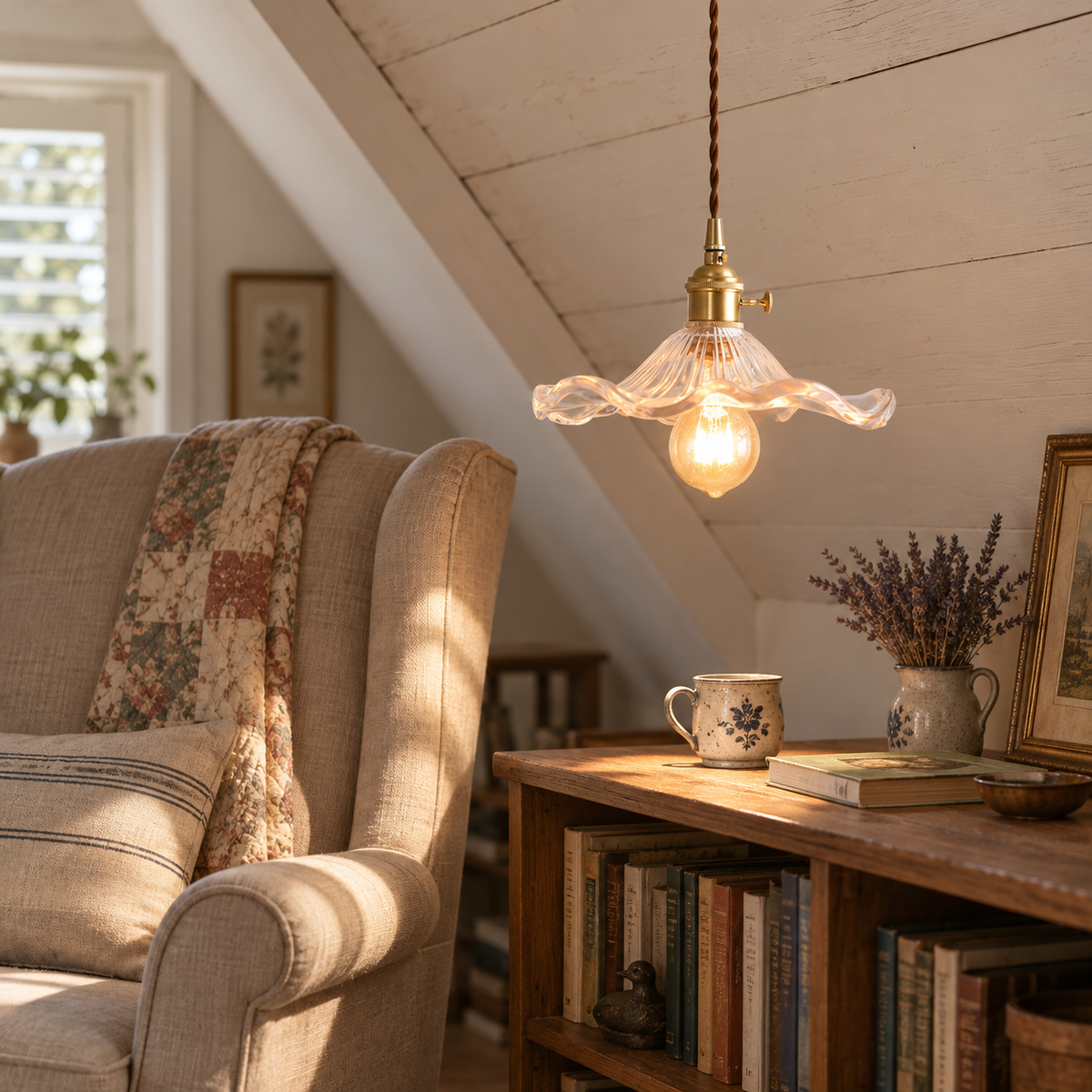 Ferragudo glass flower plug-in pendant light in green, beside an armchair.