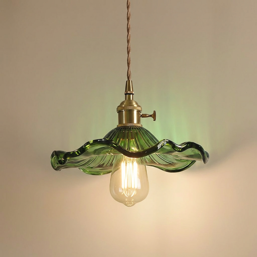 Ferragudo green glass flower pendant light with brass fitting and lit Edison bulb