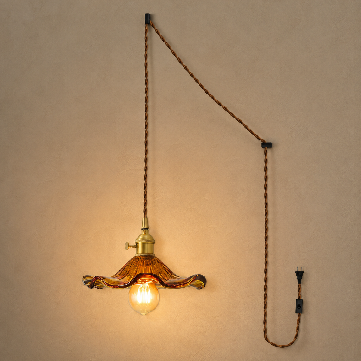 Ferragudo brown glass pendant swag kit with brown twisted cord, two hooks, inline switch and wall plug.