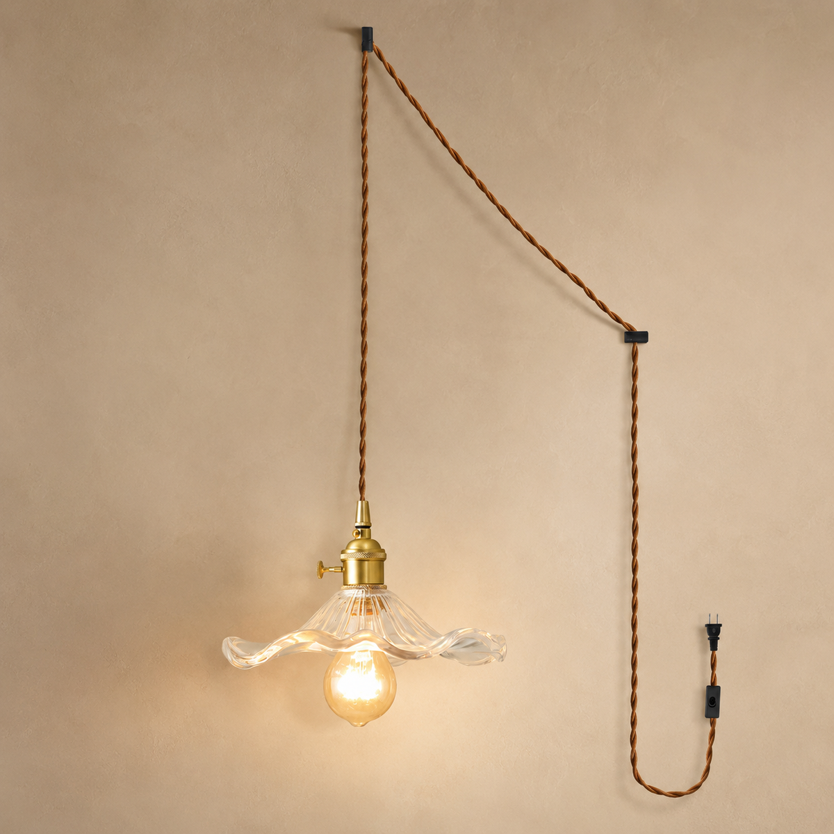 Ferragudo clear glass pendant swag kit with brown twisted cord, two hooks, inline switch and wall plug.