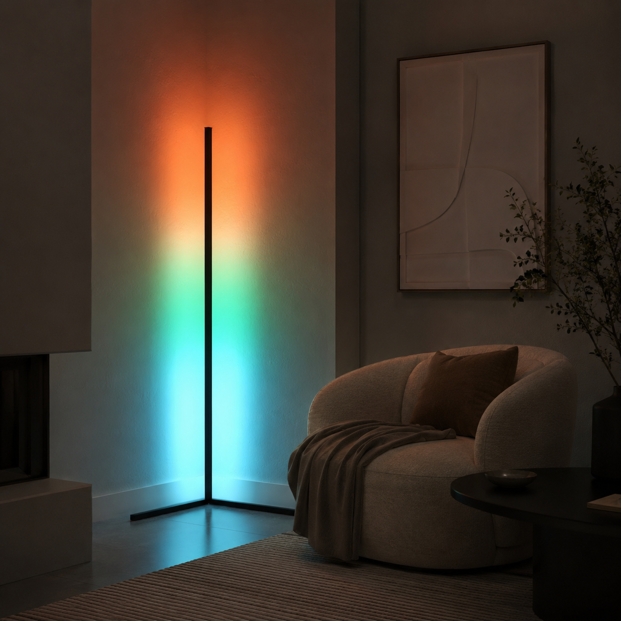 Corner LED floor lamp projecting orange and cyan light onto walls in a living room.