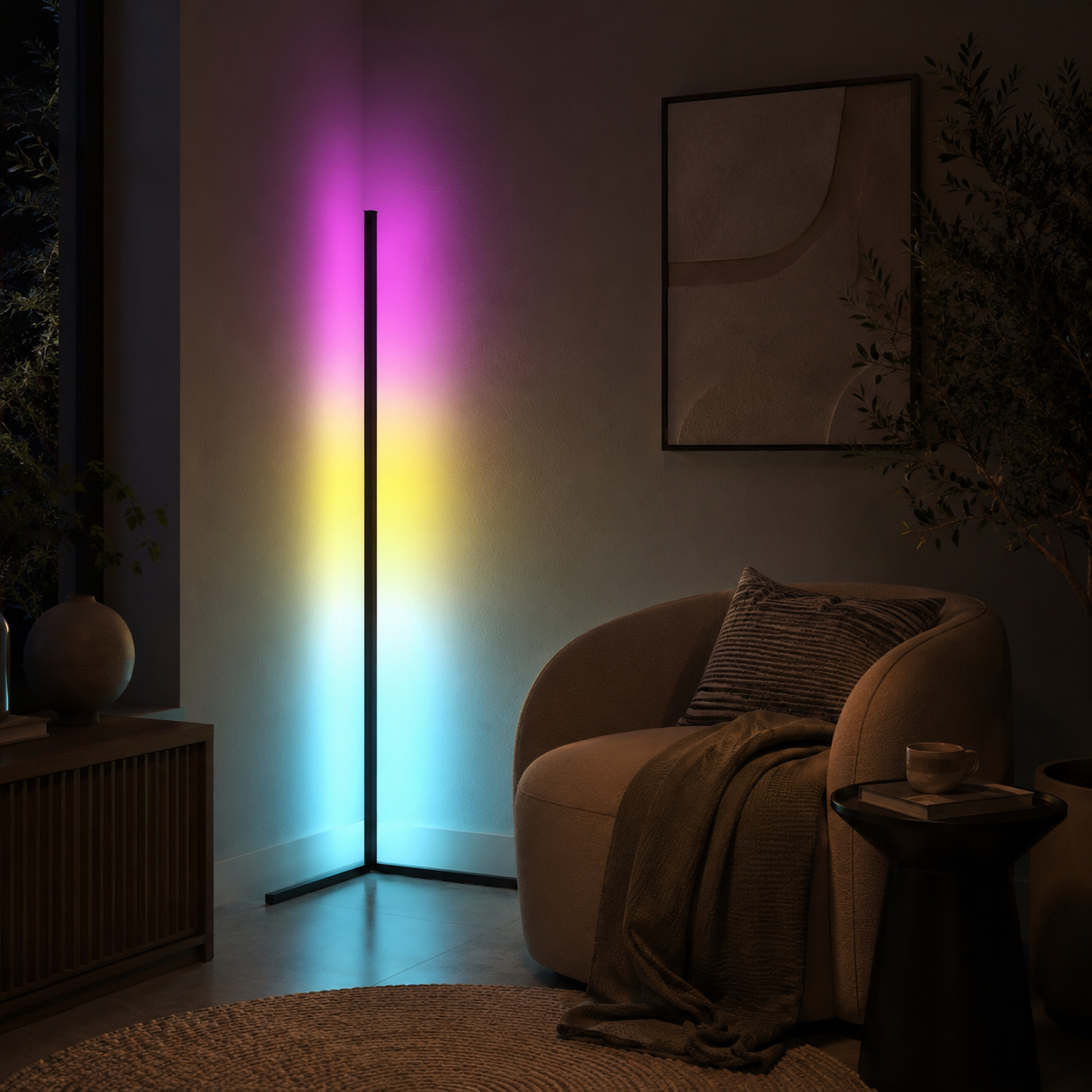 Corner LED floor lamp projecting pink and yellow light onto walls beside a boucle sofa.