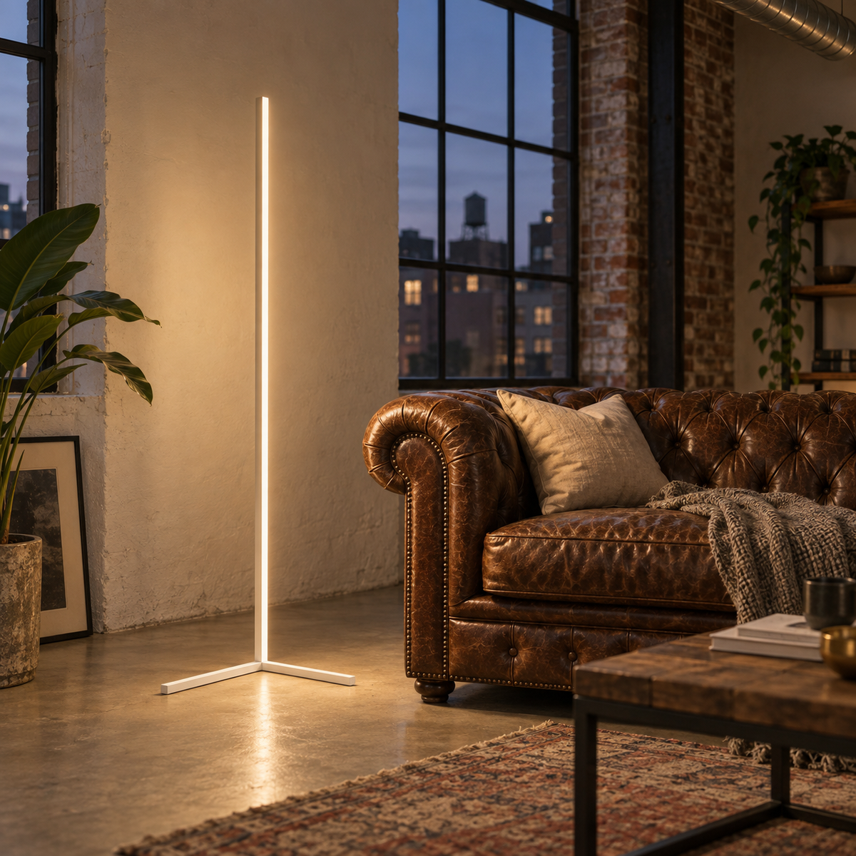 Funchal slim RGB LED floor lamp in white, in a loft.