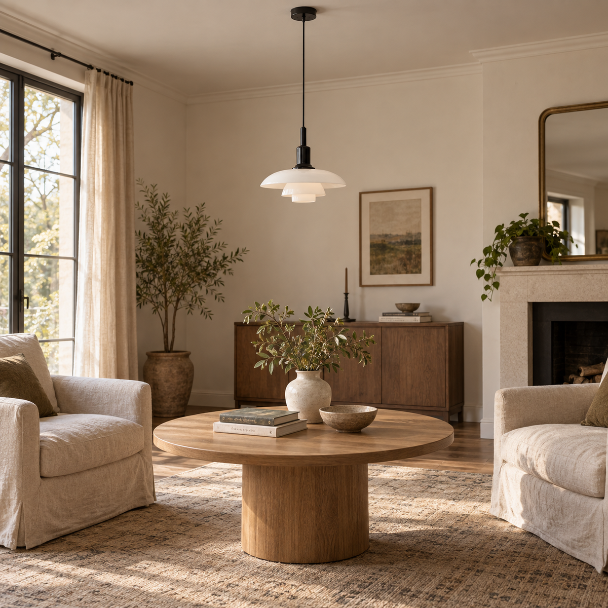 Fundão round ceiling light in black, in a living room.