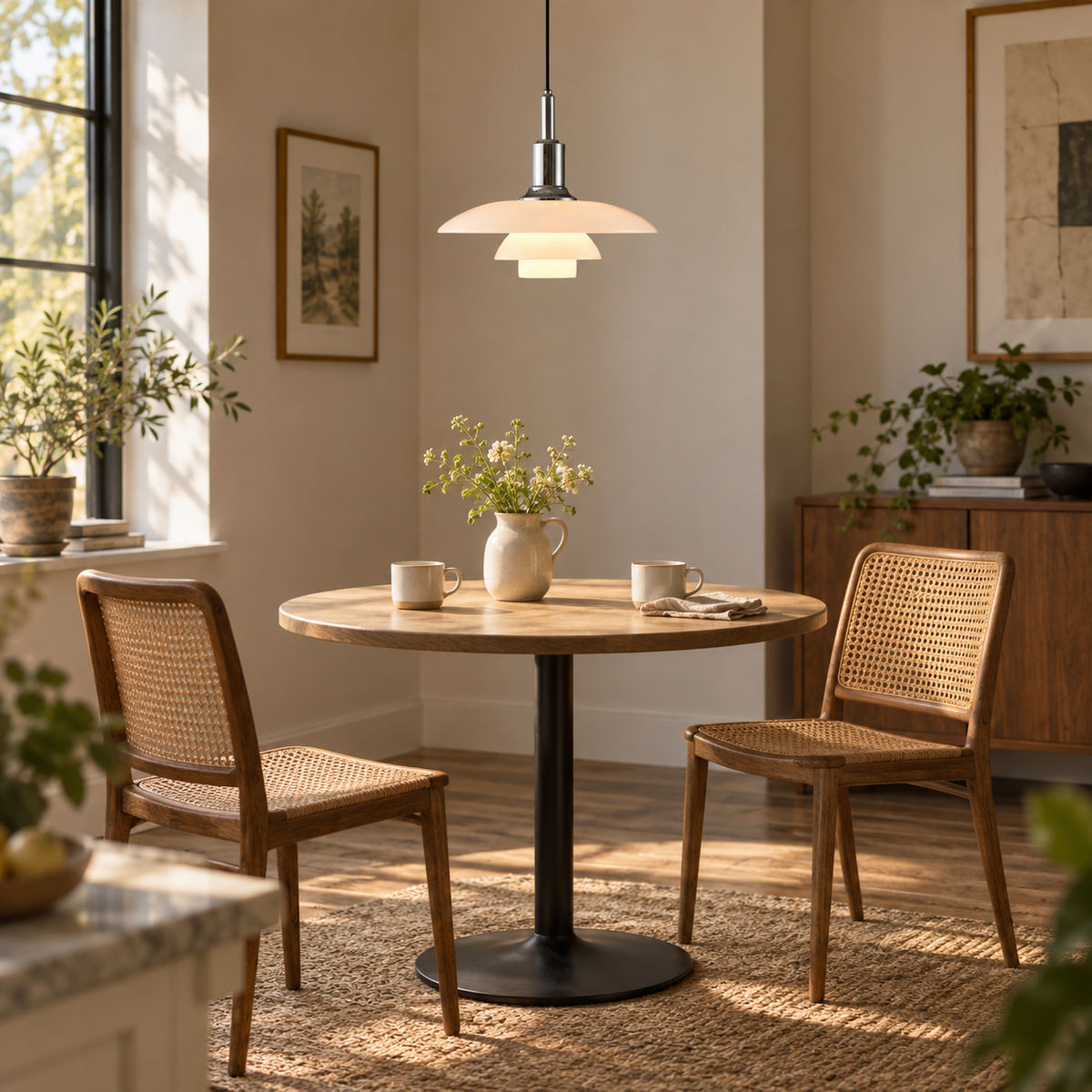 Fundão round ceiling light in chrome, beside a breakfast nook table.