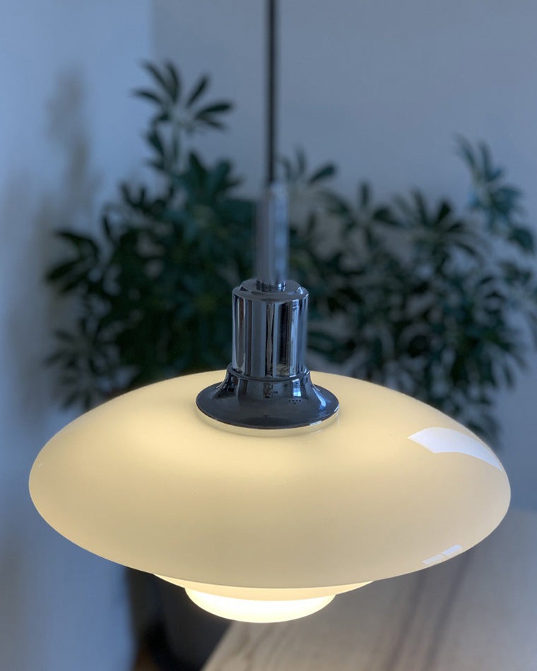 Fundão round ceiling light, close detail of the finish and fittings, the stem, with a plant behind.