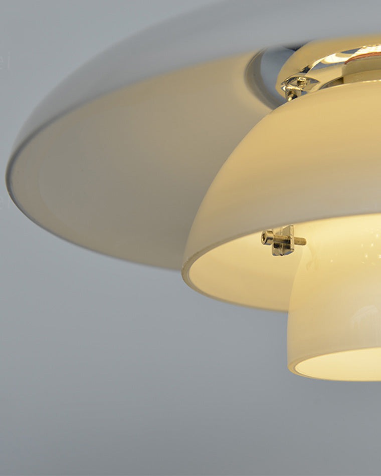 Fundão round ceiling light, close detail of the finish and fittings, looking up into the shade tiers.