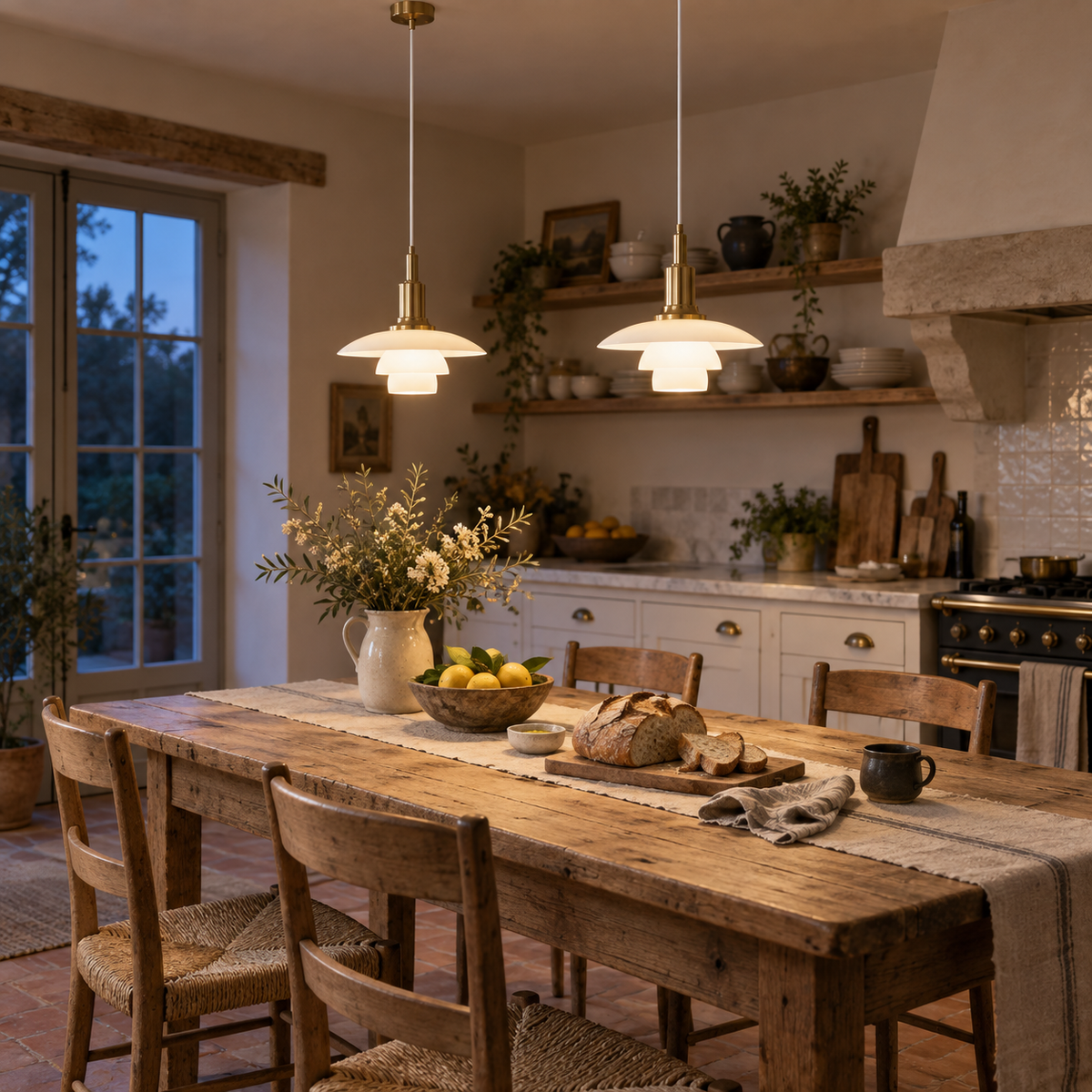 Fundão round ceiling light in gold, hung as a row of 2 in a kitchen.