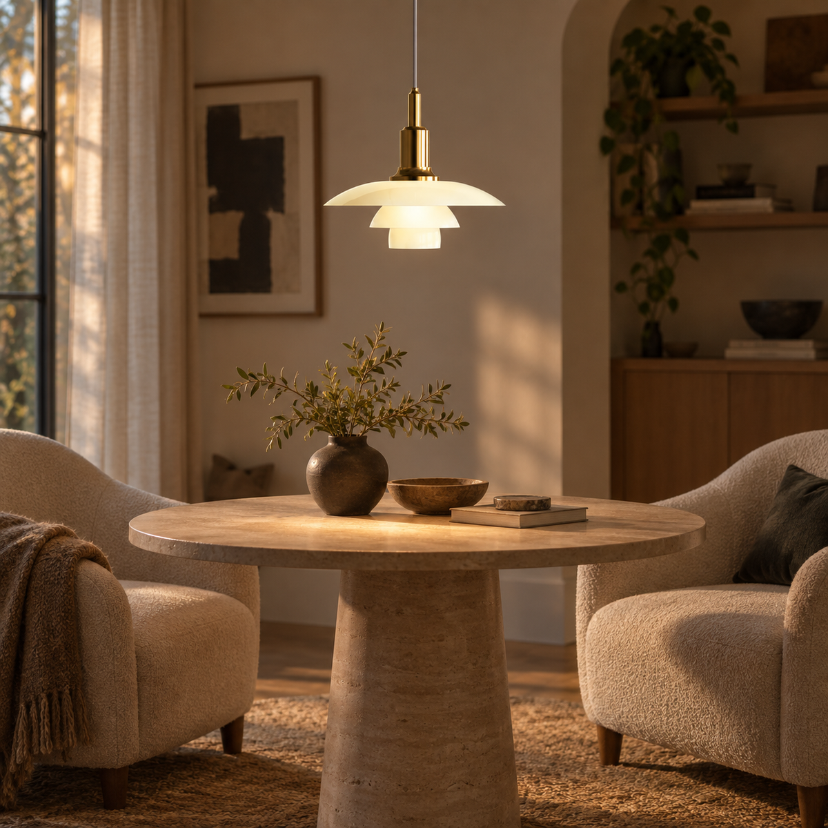 Fundão round ceiling light in gold, in a conversation corner.
