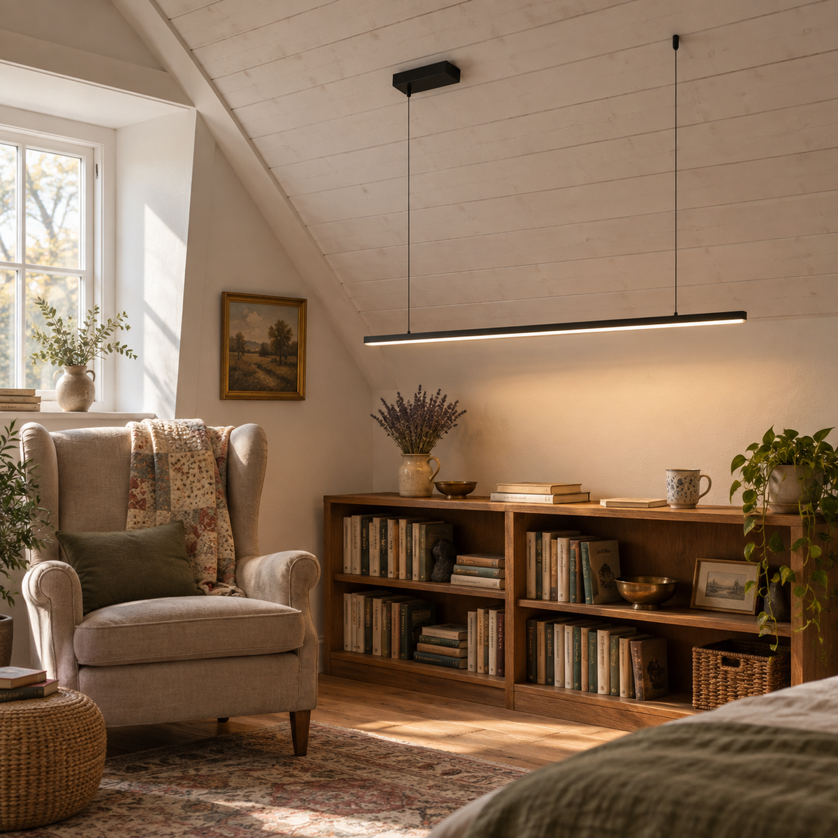 Góis linear LED ceiling light in black, beside an armchair.