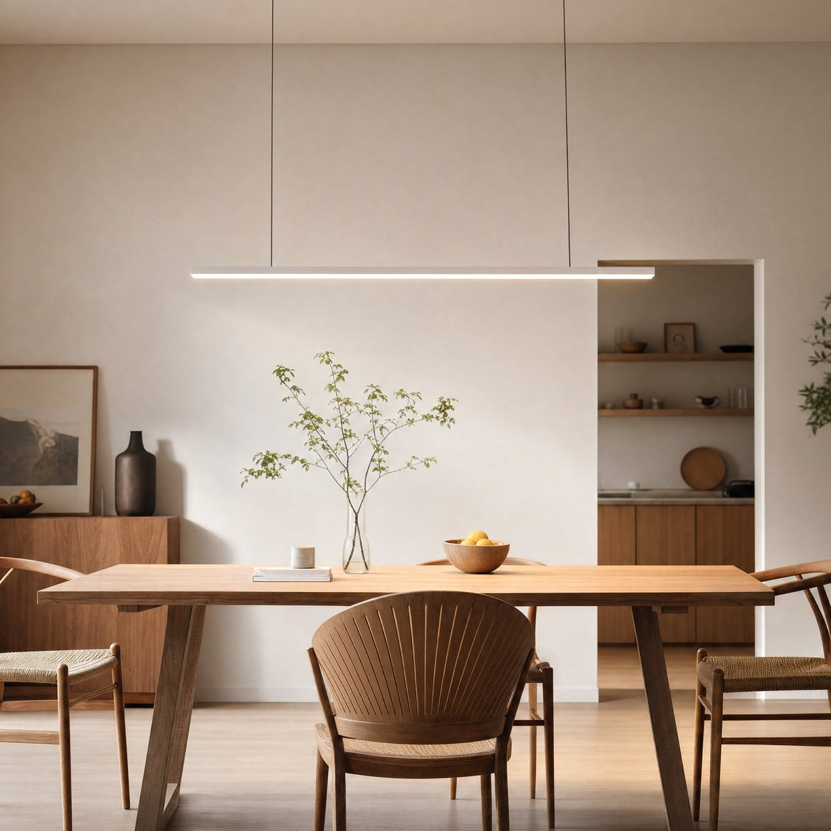 Góis linear LED ceiling light, in a dining room, above rattan chairs.