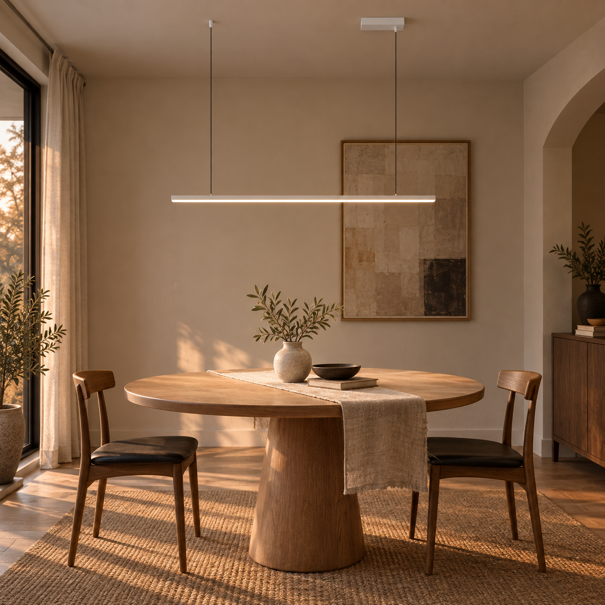 Góis linear LED ceiling light in white, in a dining corner.