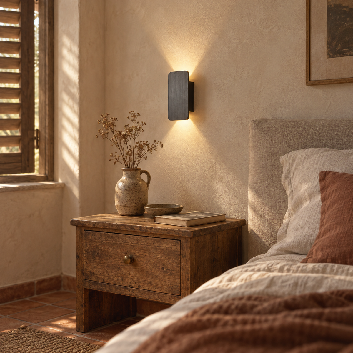 Guarda minimalist aluminum 2-light LED wall sconce in black, in a bedroom.
