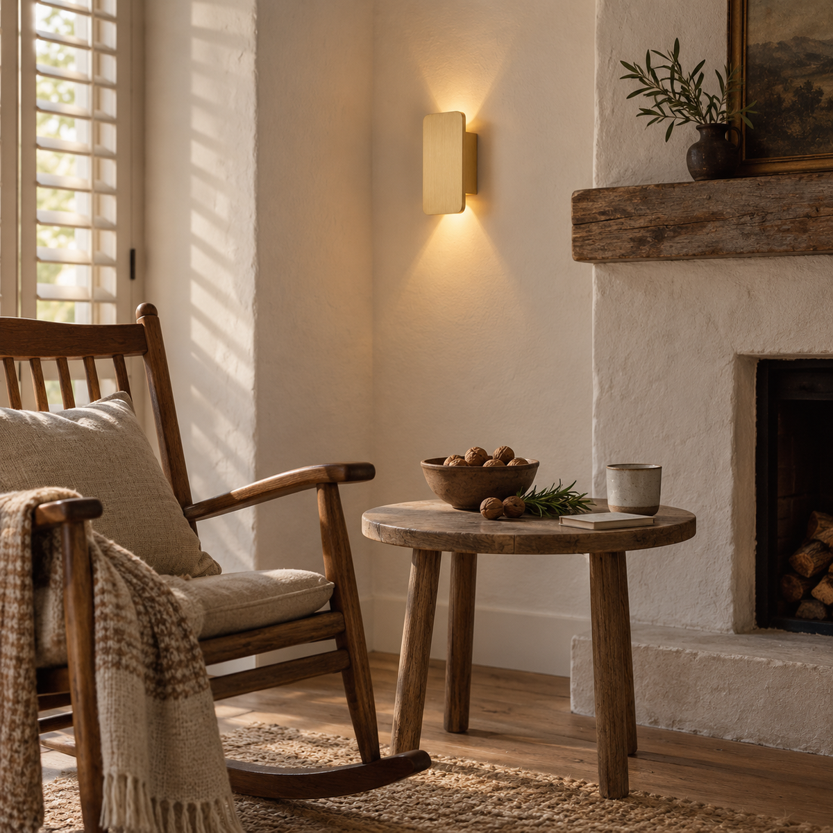 Guarda minimalist aluminum 2-light LED wall sconce, cool light, beside a side table.