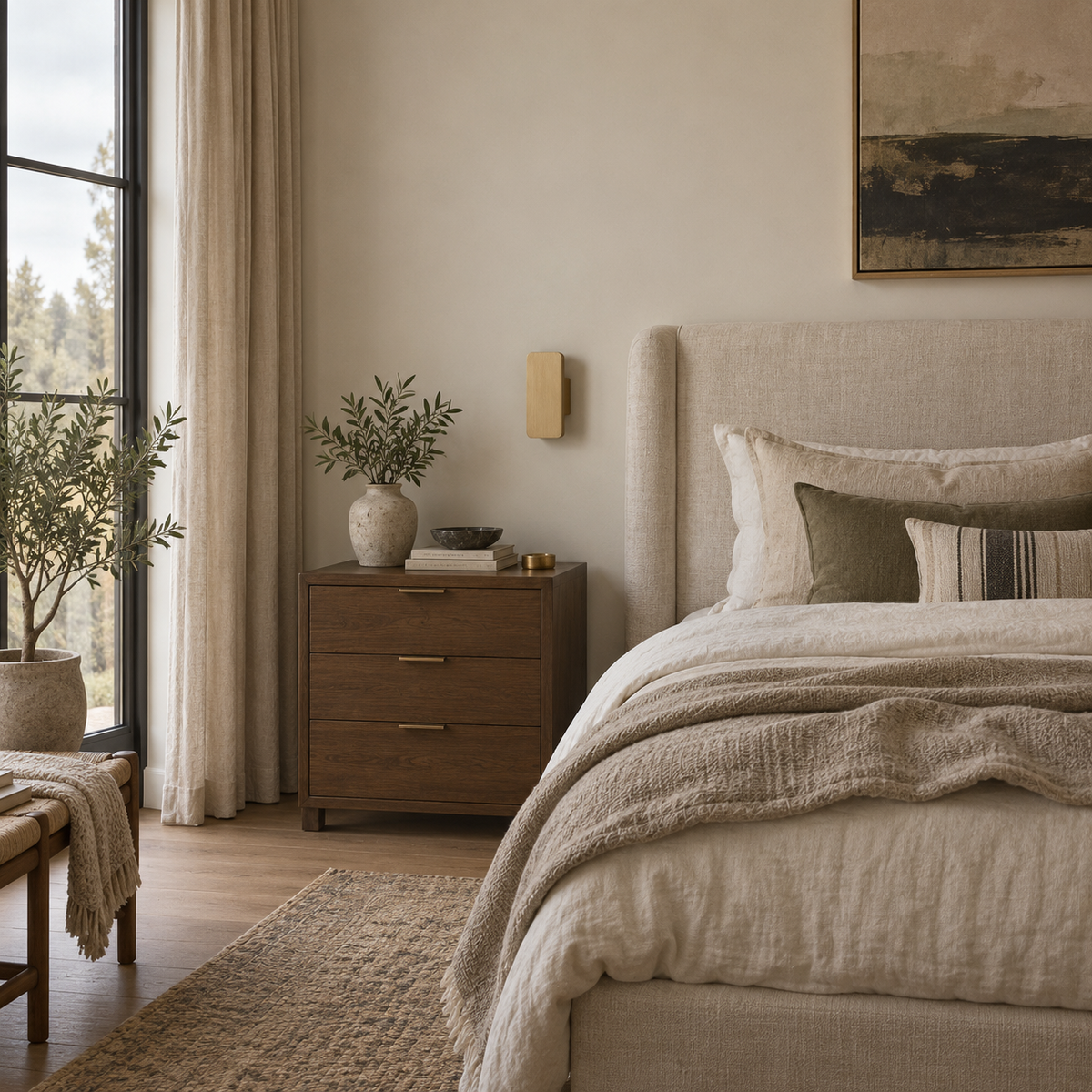 Guarda minimalist aluminum 2-light LED wall sconce in gold, in a bedroom.
